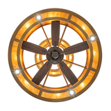 Bottom view of Sargent chandelier fan displaying wood-finish blades.