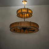 Dim-lit room view of Sargent chandelier fan with warm amber glow.