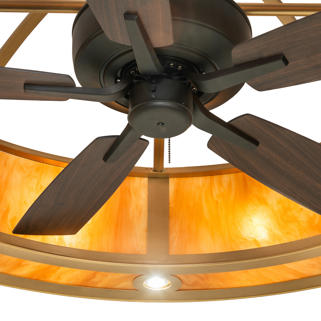Close-up of fan blades and integrated lighting in Sargent chandelier.