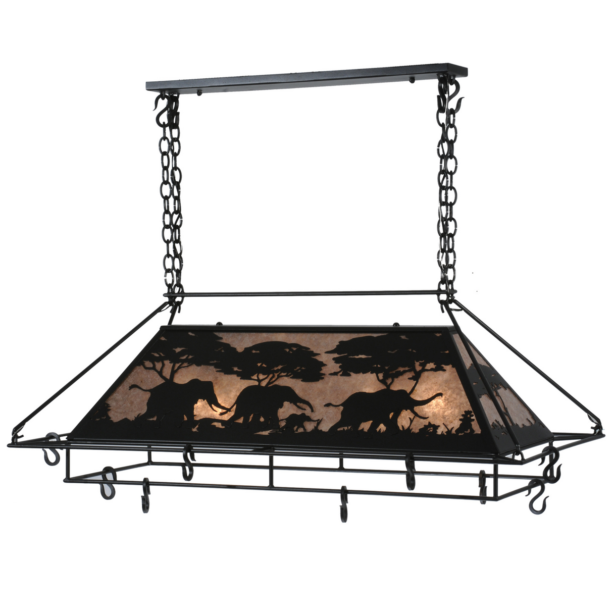 Savanna themed elephant chandelier glowing warmly from the front.