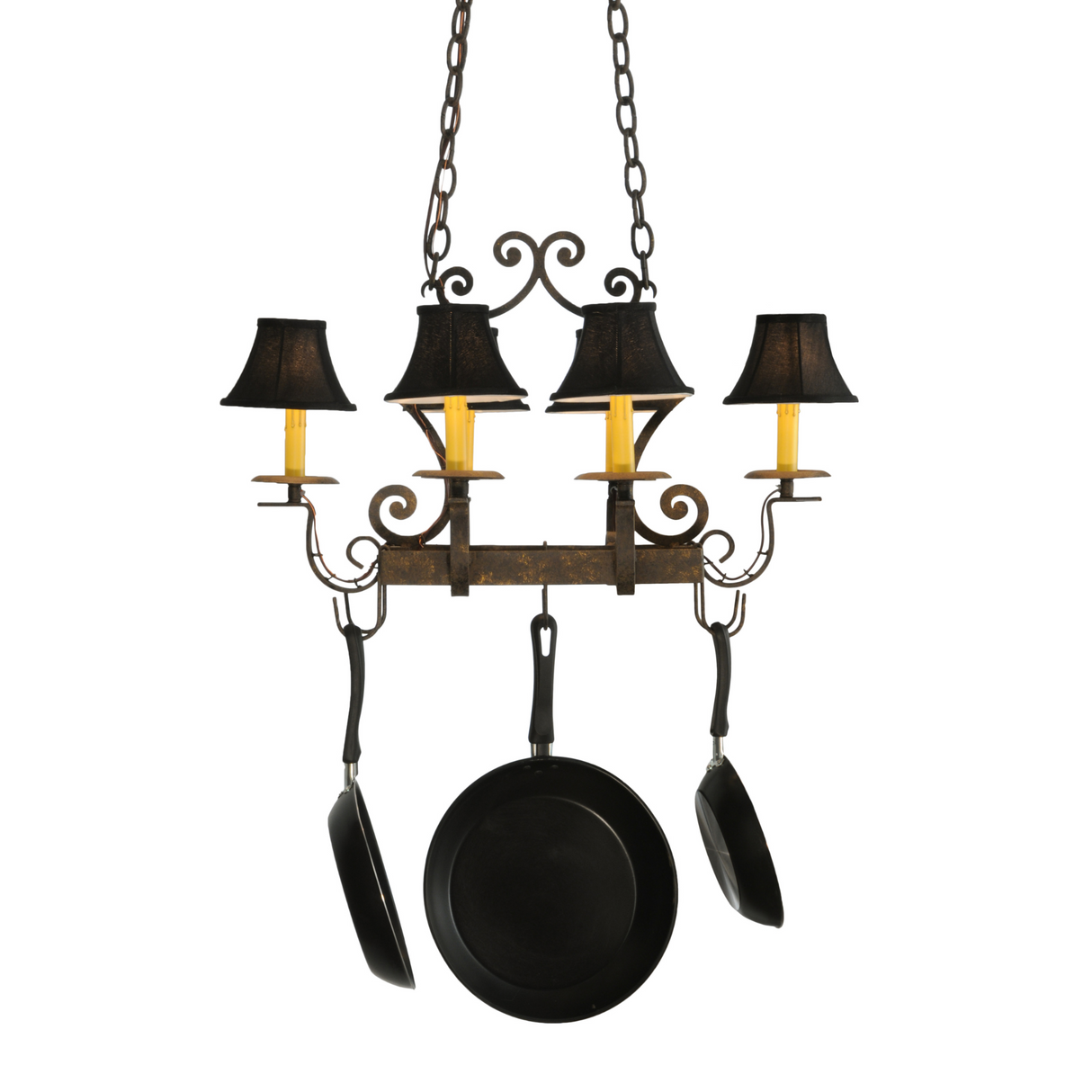 Close-up of decorative scroll arms and faux candles on Elara pot rack.