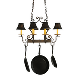 Close-up of decorative scroll arms and faux candles on Elara pot rack.