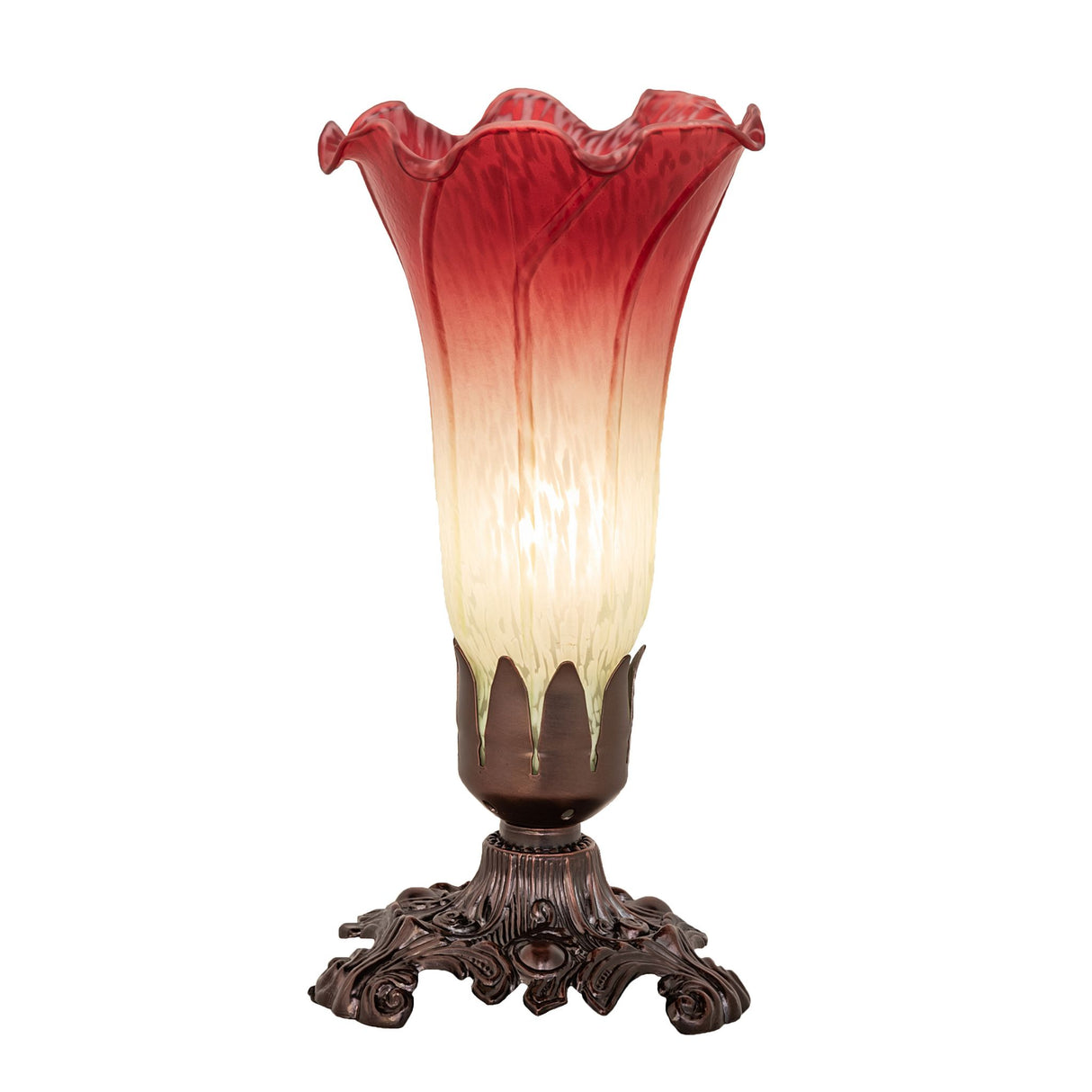 Front-facing view of the Seafoam and Cranberry Pond Lily Mini Lamp with a floral glass shade.