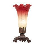 Front-facing view of the Seafoam and Cranberry Pond Lily Mini Lamp with a floral glass shade.