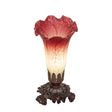Illuminated Seafoam and Cranberry Pond Lily Mini Lamp with a Victorian Mahogany Bronze base.