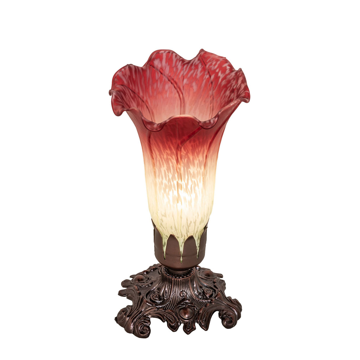 Illuminated Seafoam and Cranberry Pond Lily Mini Lamp with a Victorian Mahogany Bronze base.