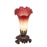 Illuminated Seafoam and Cranberry Pond Lily Mini Lamp with a Victorian Mahogany Bronze base.