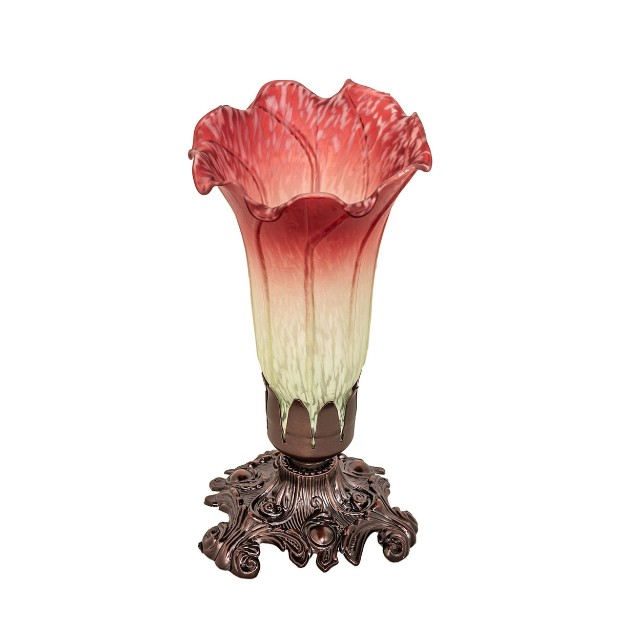 Unlit Seafoam and Cranberry Pond Lily Mini Lamp highlighting its delicate glasswork.