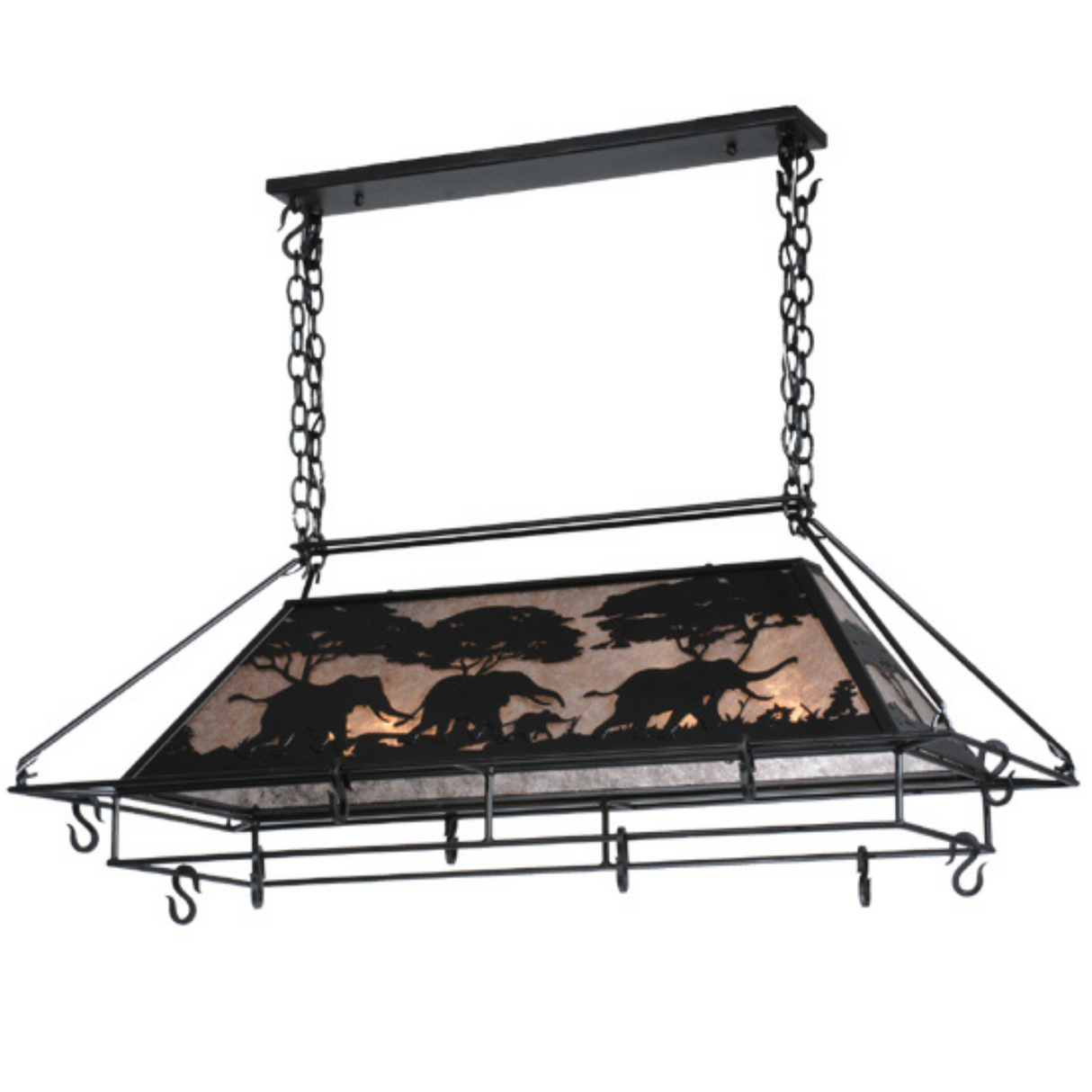 Closeup of side panel on elephant pot rack highlighting tree design.