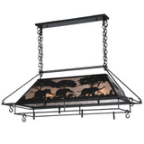 Closeup of side panel on elephant pot rack highlighting tree design.