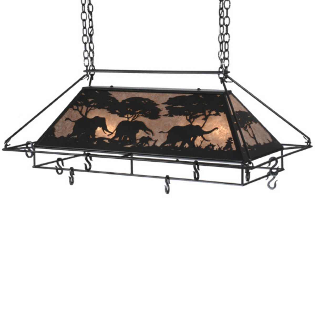 Side profile view elephant pot rack with marching elephant design.
