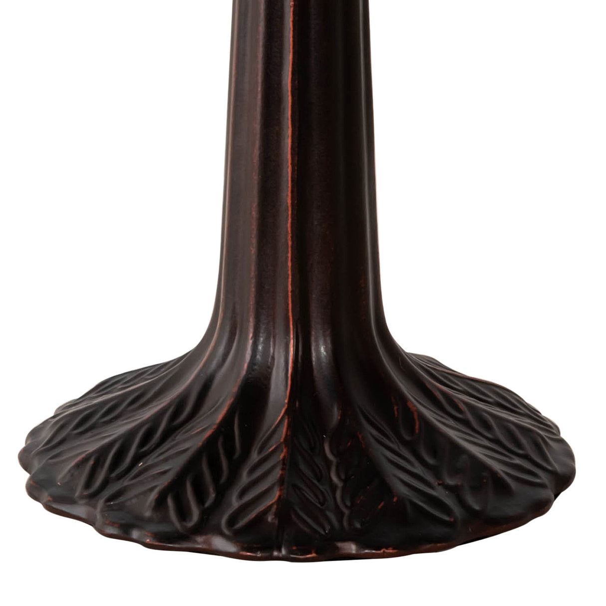 closeup view of the intricate leaf design on the base of the small leaf lamp base with mahogany bronze finish.