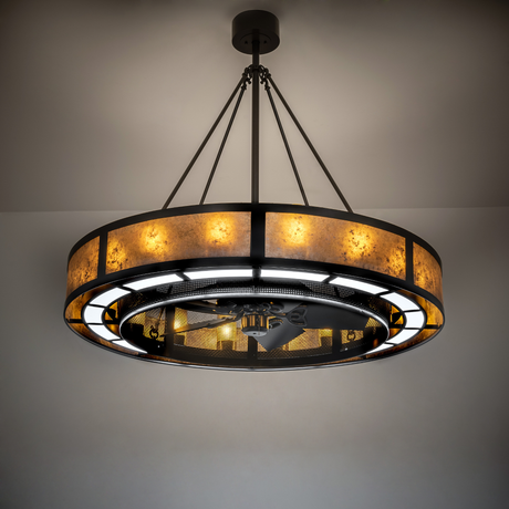 Ambient room view showing warm amber glow and bronze finish.