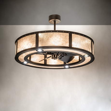 Warm illuminated chandelier fan creating ambient Craftsman glow.