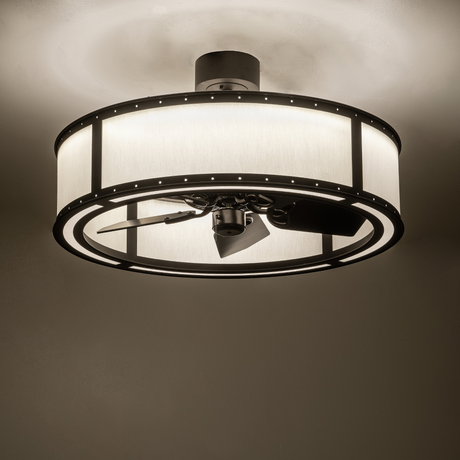 Smythe Craftsman Chandel-Air casting warm ambient light in room setting.