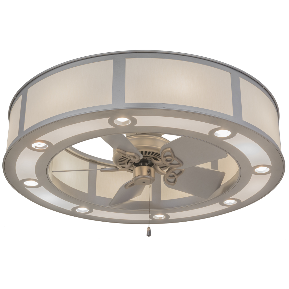 Angled bottom view showing fan and integrated downlights.