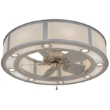 Angled bottom view showing fan and integrated downlights.