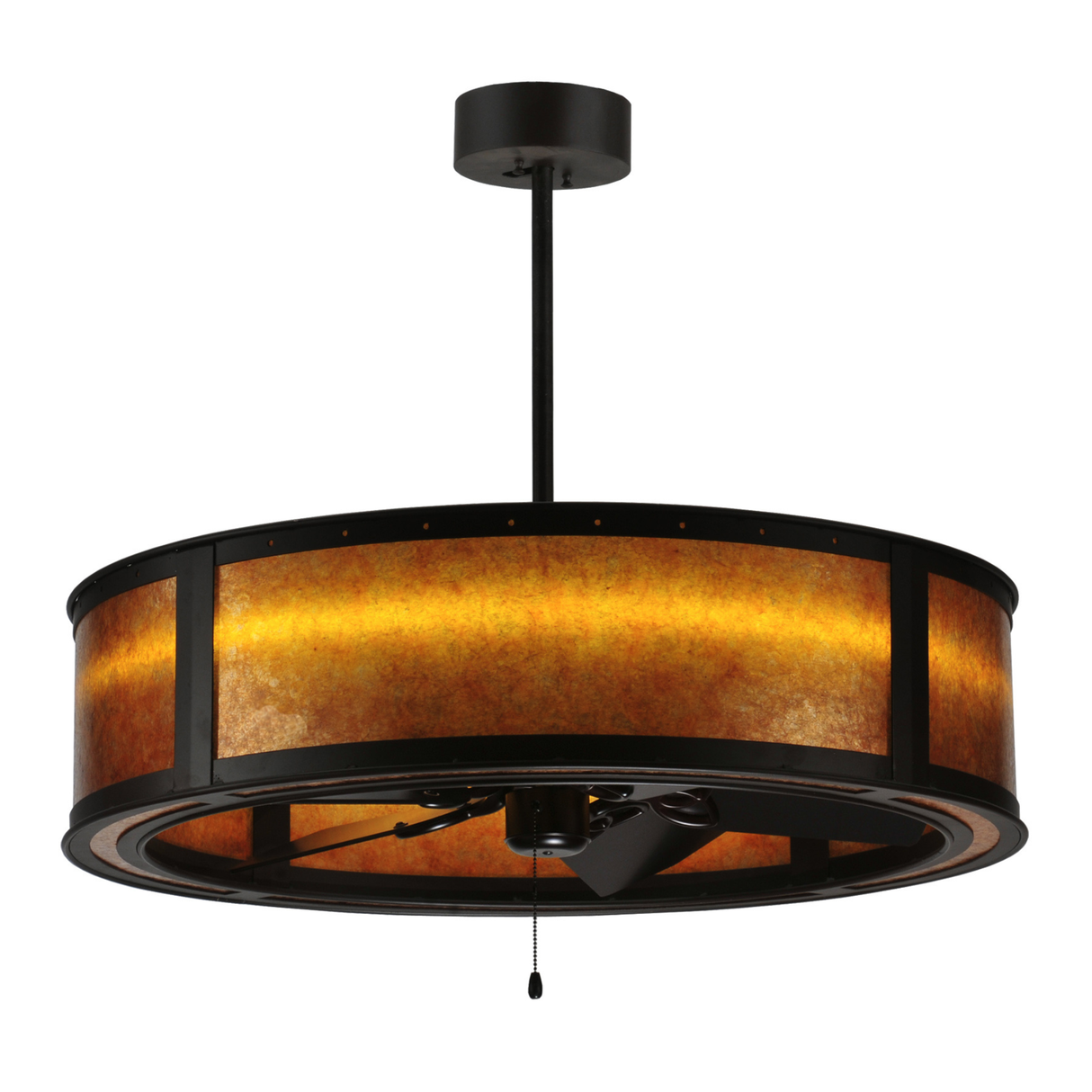 Angled view highlighting oil-rubbed bronze frame and mica diffuser.