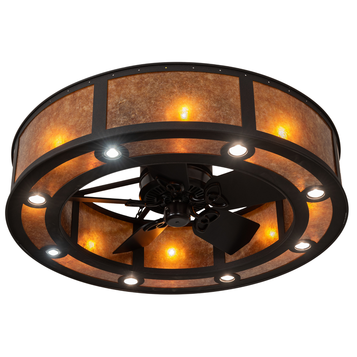 Bottom angle lit view emphasizing fan blades and soft amber illumination.