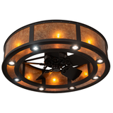 Bottom angle lit view emphasizing fan blades and soft amber illumination.