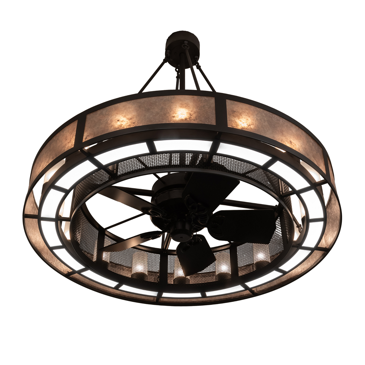 Bottom angle lit view showing integrated fan and glowing mica diffuser.