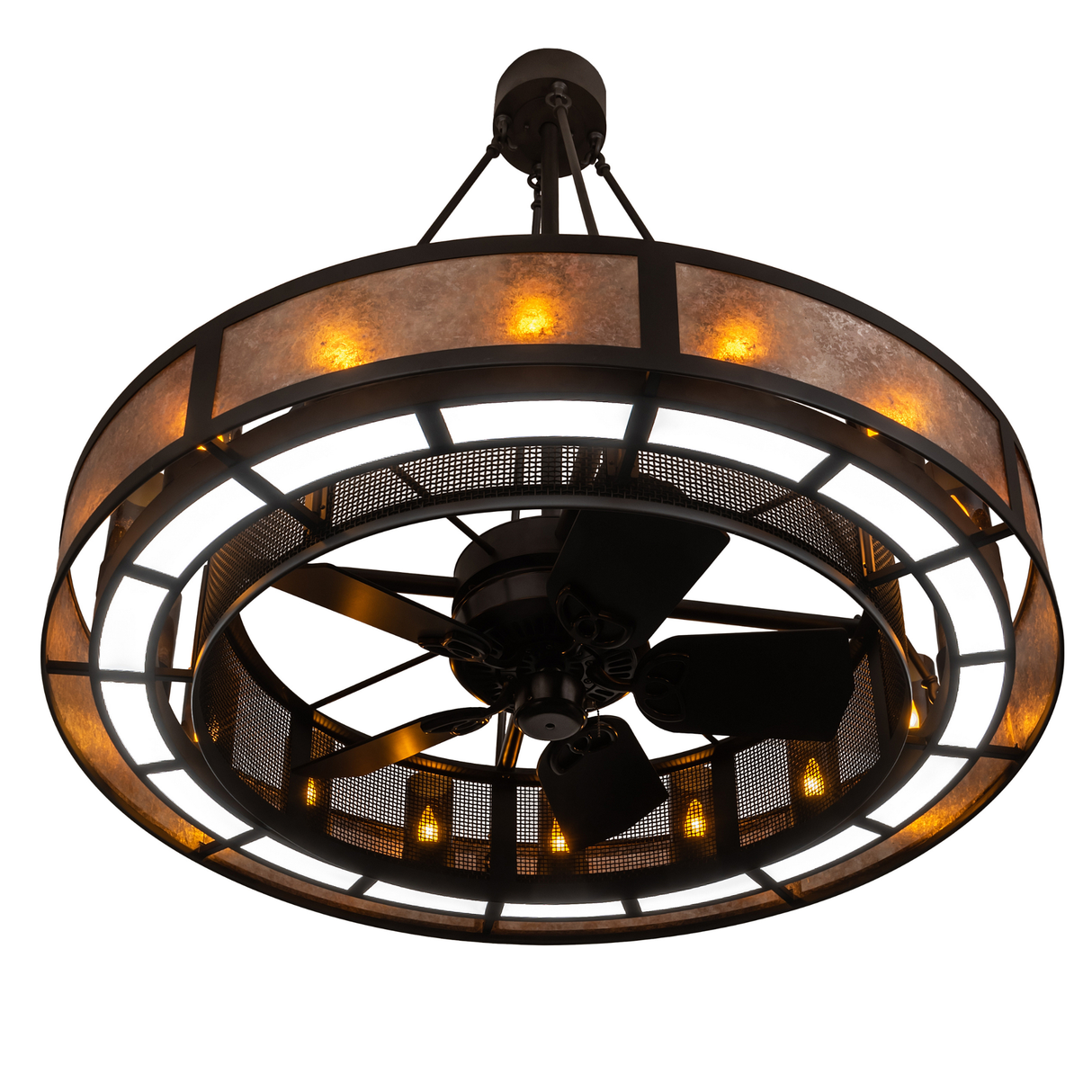 Bottom angle lit view showcasing fan blades and warm amber glass detail.