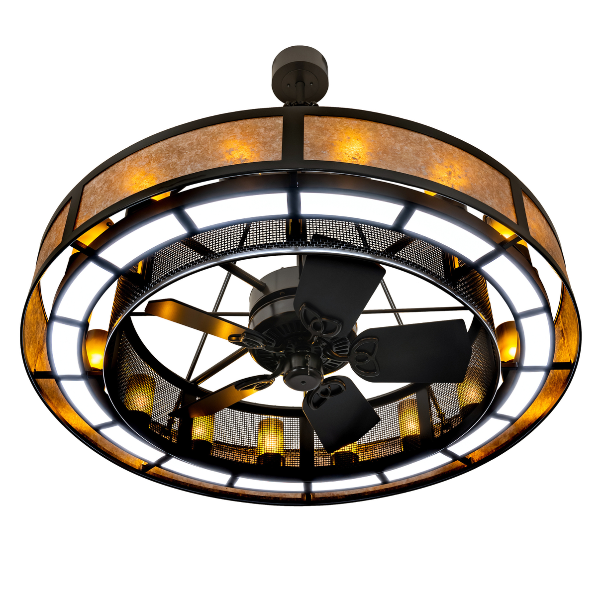 Bottom lit angle highlighting fan and LED downlight ring.
