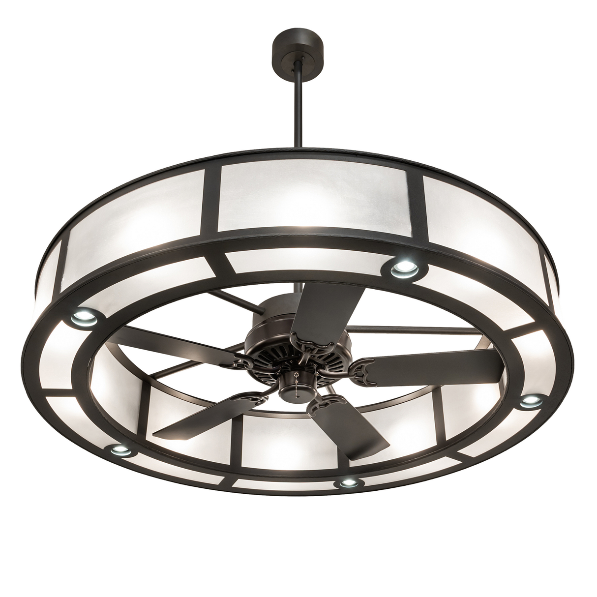 Bottom angle showing fan blades and glowing circular frame.