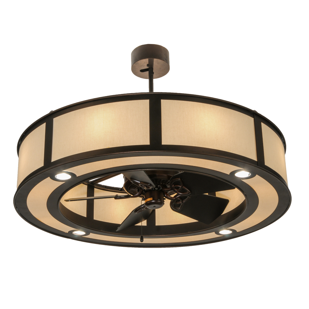 Bottom angle lit view showing fan and illuminated beige diffuser.