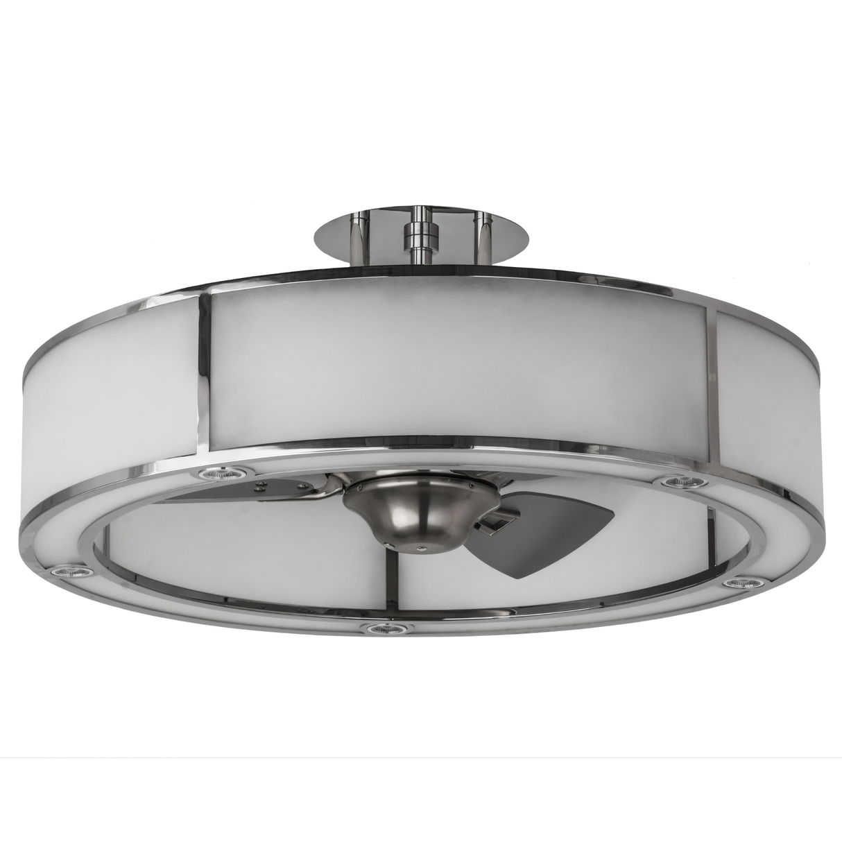 Bottom angled lit view showing frosted diffuser and modern fan blades.