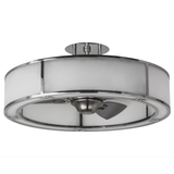 Bottom angled lit view showing frosted diffuser and modern fan blades.