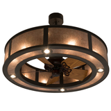 Bottom angled lit view focusing on fan blades and downlights.