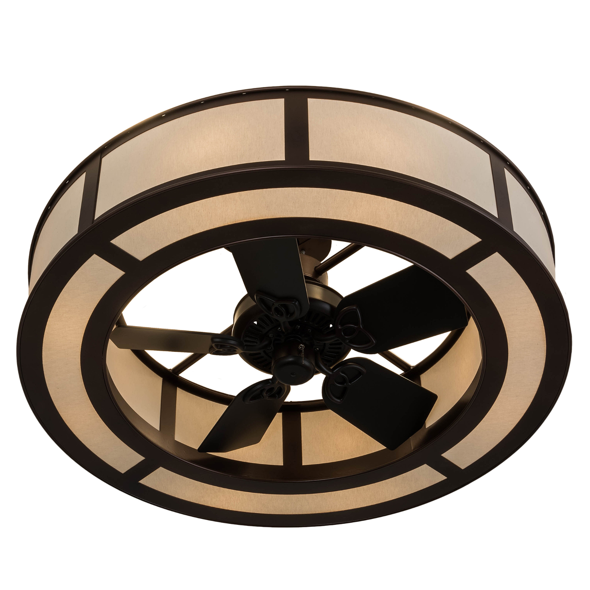 Bottom angled lit view revealing fan blades and interior lighting.