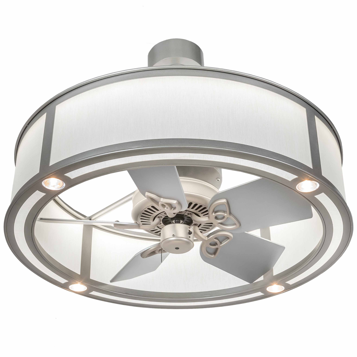 Bottom angled lit view displaying fan blades and four glowing downlights.