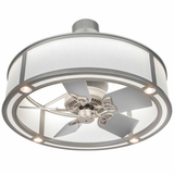 Bottom angled lit view displaying fan blades and four glowing downlights.