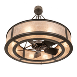 Smythe Craftsman Chandel-Air bottom angle lit view revealing fan blades and circular mica panels.