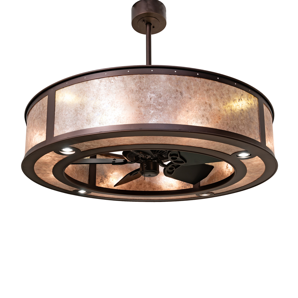 Bottom angle view of Smythe Craftsman chandelier fan with LED downlights and fan blades.