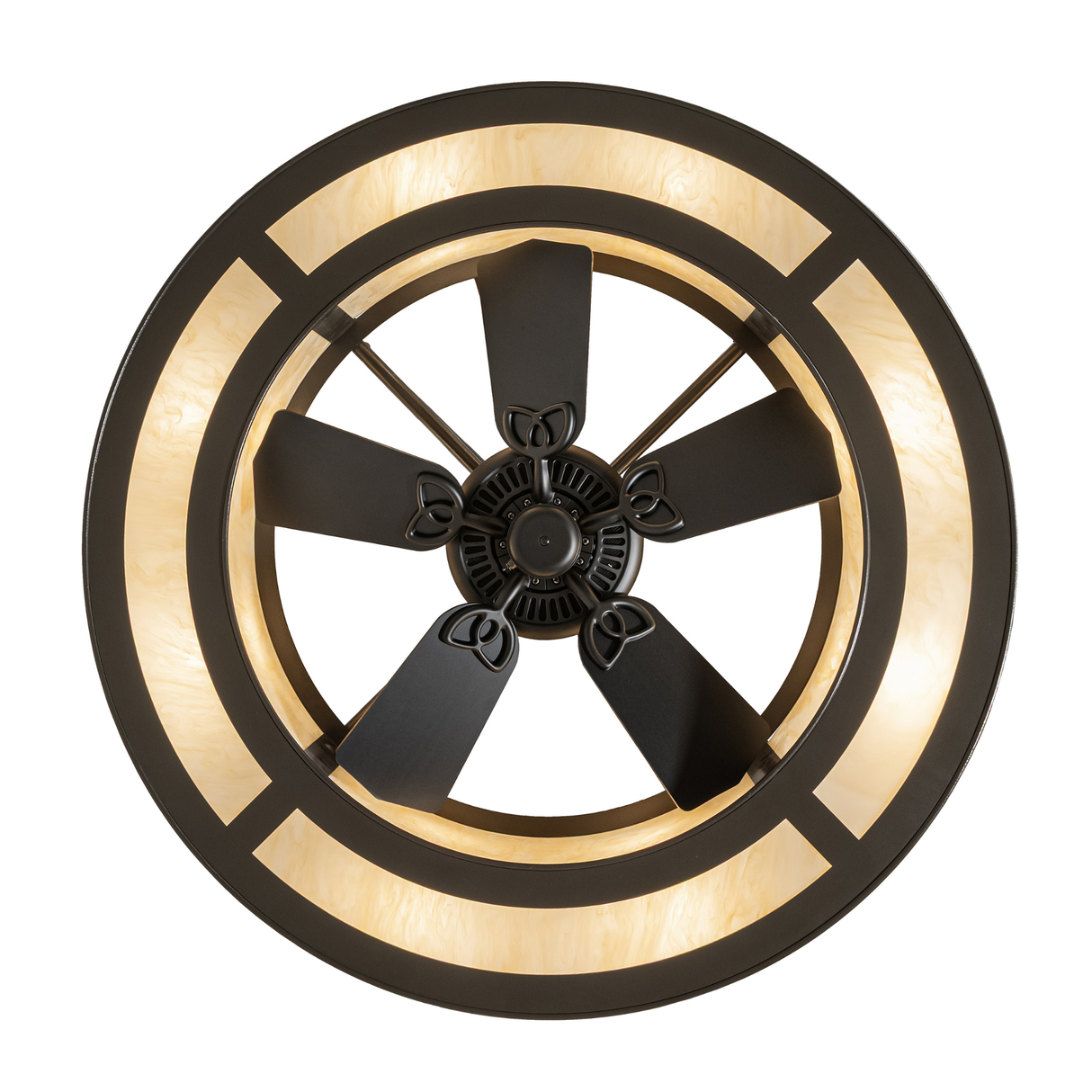 Bottom view of Smythe Craftsman Chandel-Air fan and lights.