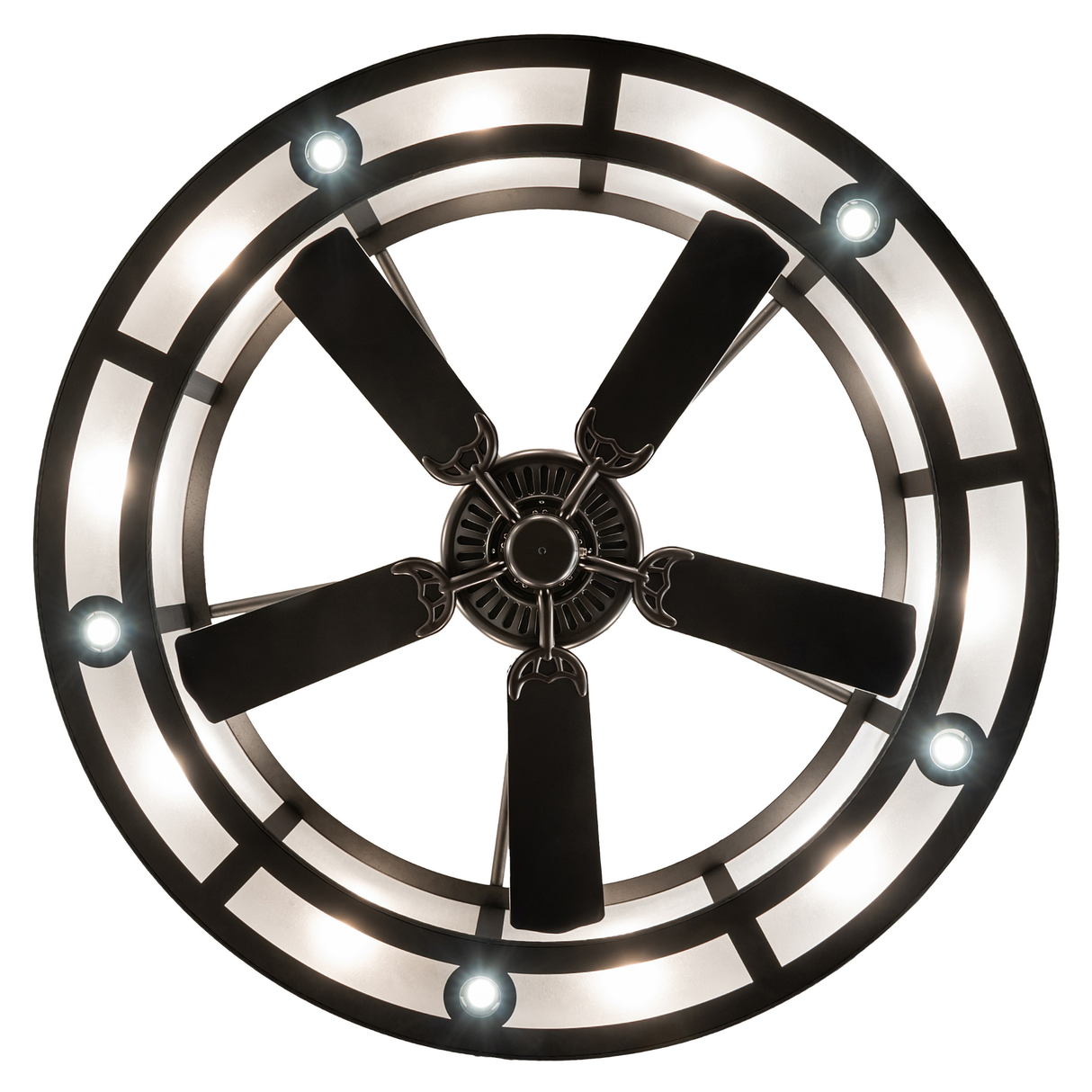 Bottom view of Smythe Craftsman Chandel-Air with LED lights on.