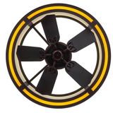 Bottom lit view showing fan blades framed by warm LED ring light.