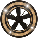 Bottom lit view showing centered fan and soft amber lighting.