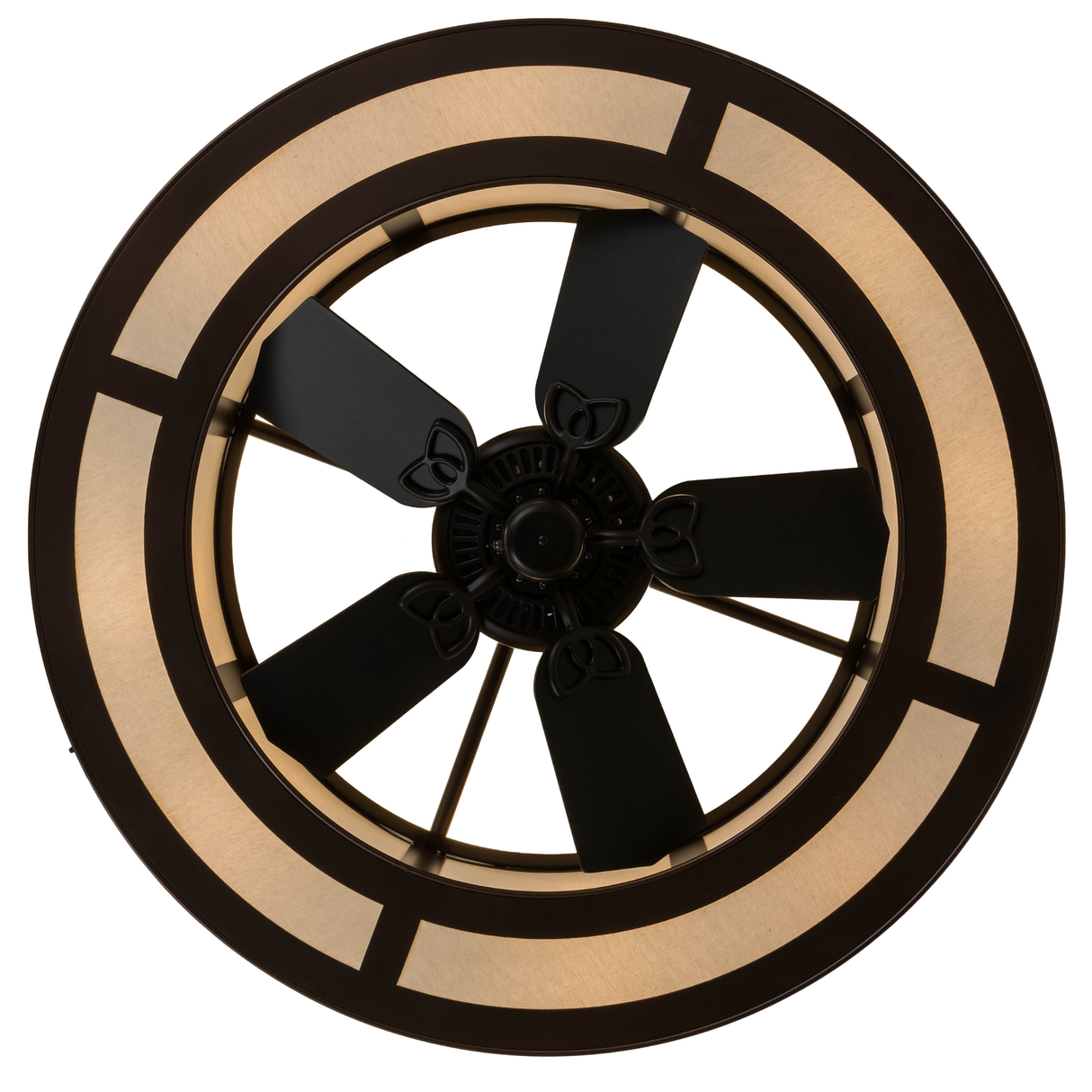 Direct bottom lit view focusing on fan blades and circular light ring.