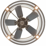 Bottom lit view showing evenly spaced downlights and central fan assembly.