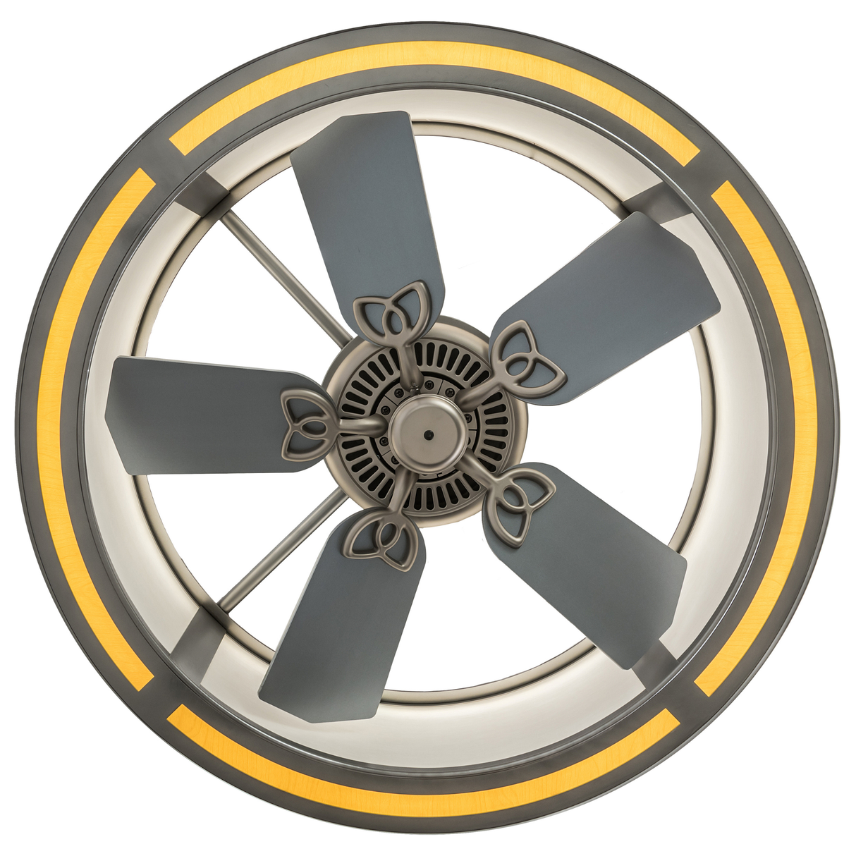 Bottom lit view displaying five fan blades and glowing circular LED design.