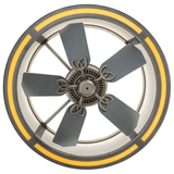 Bottom lit view displaying five fan blades and glowing circular LED design.