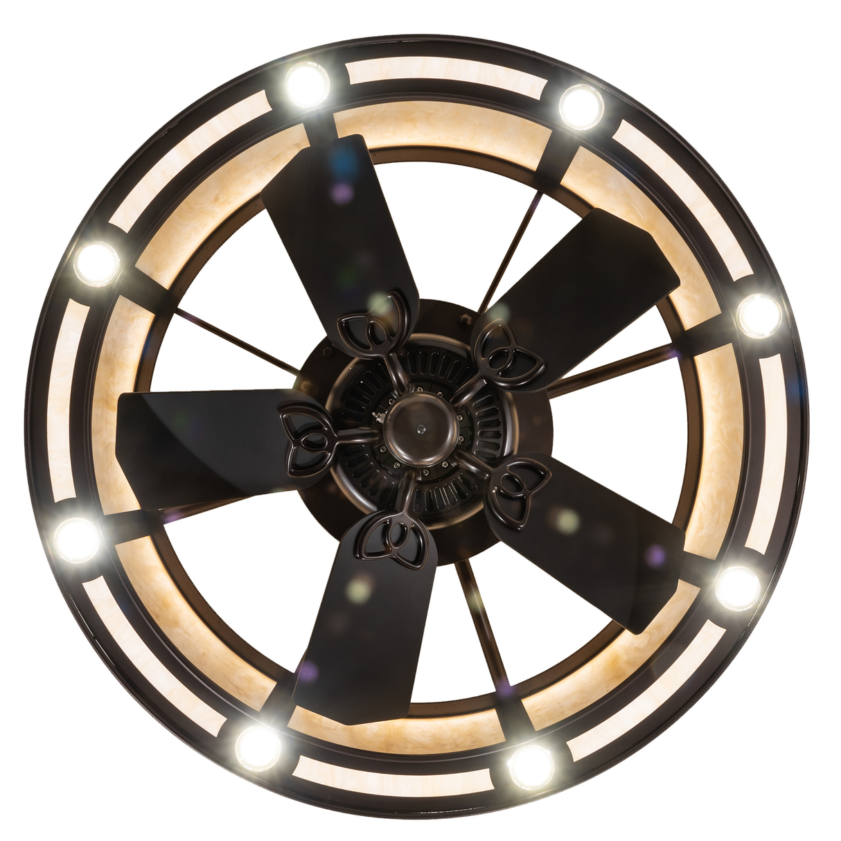 Bottom lit view of Smythe Craftsman Chandel-Air with glowing ring diffuser.