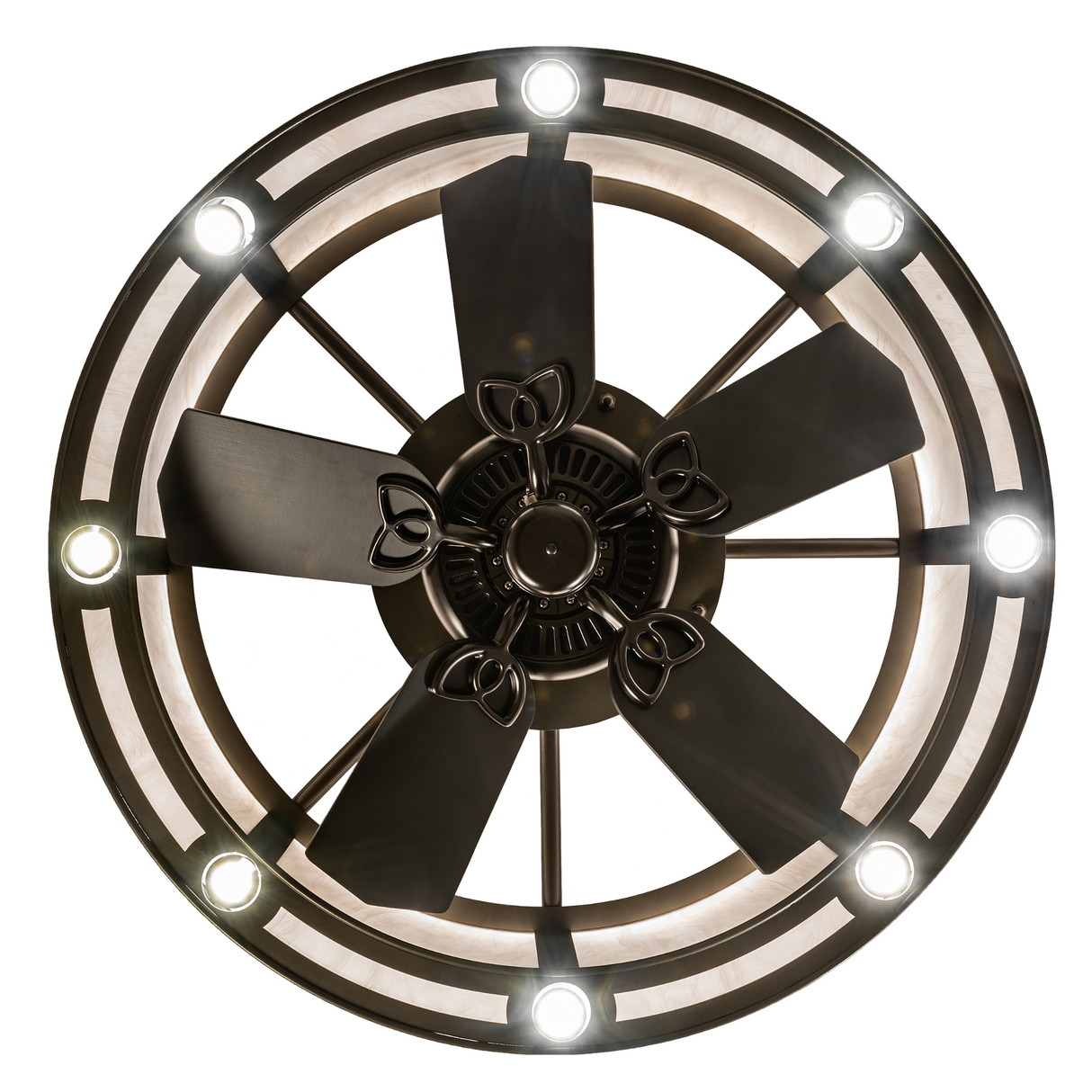 Bottom view showing illuminated fan and evenly spaced LED downlights.
