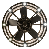 Bottom view showing illuminated fan and evenly spaced LED downlights.