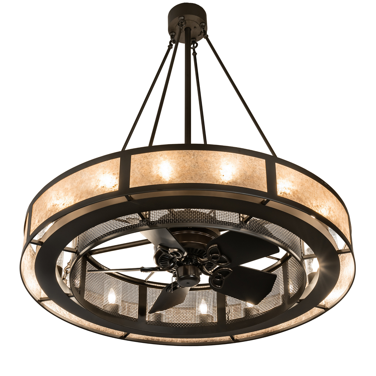 Bottom view showing integrated fan within circular mesh housing.