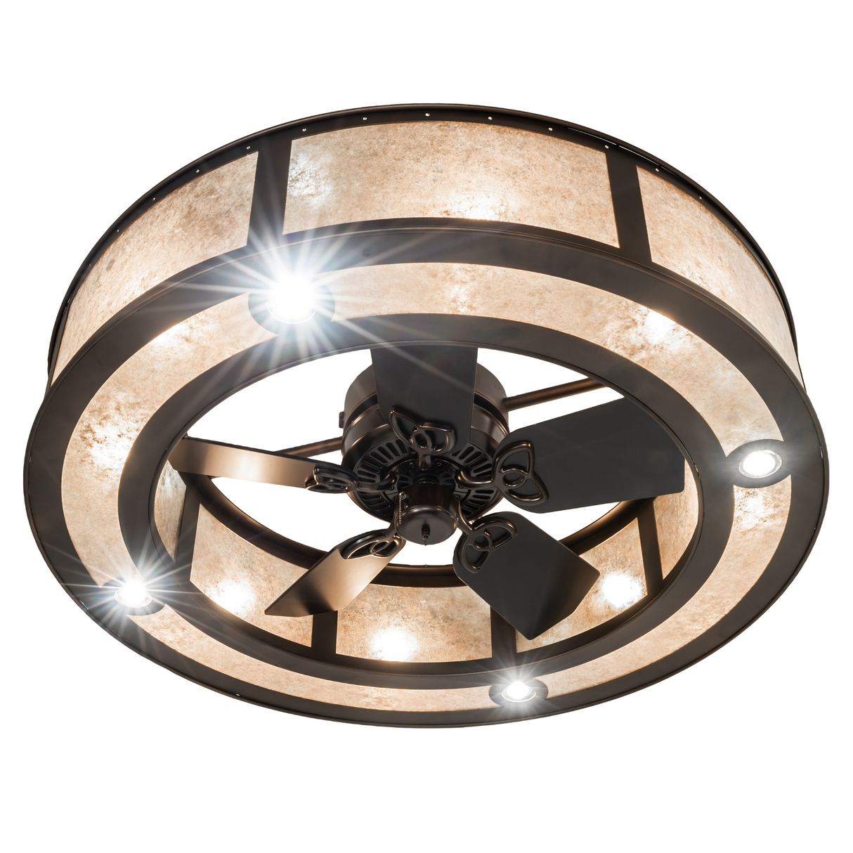 Bottom view highlighting fan blades and inner light ring.